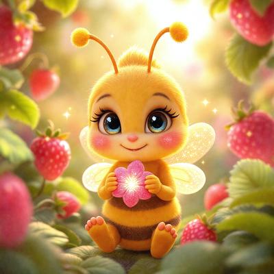 The primary subject of the image is a small, cute, and colorful bee holding a pink flower. The bee is sitting in a field of strawberries, which are scattered throughout the scene. The visual style of the image is a digital art or illustration, with a vibrant and cheerful atmosphere. The colors and mood of the image are predominantly pink and yellow, creating a warm and inviting scene.